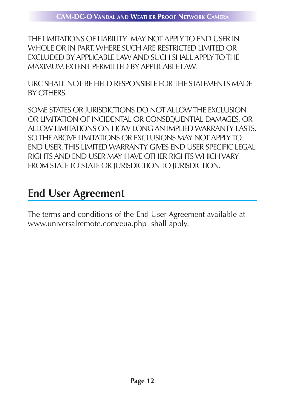 End user agreement, End user agreement 12 | Universal Remote Control (URS) CAM-DC-O User Manual | Page 15 / 20