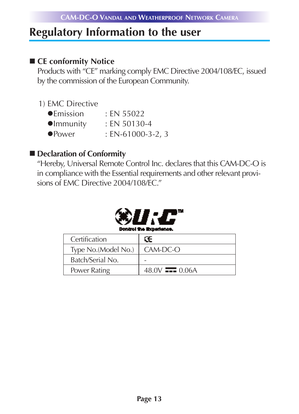 Regulatory information to the user, Regulatory information to the user 13 | Universal Remote Control (URS) CAM-DC-O User Manual | Page 16 / 20