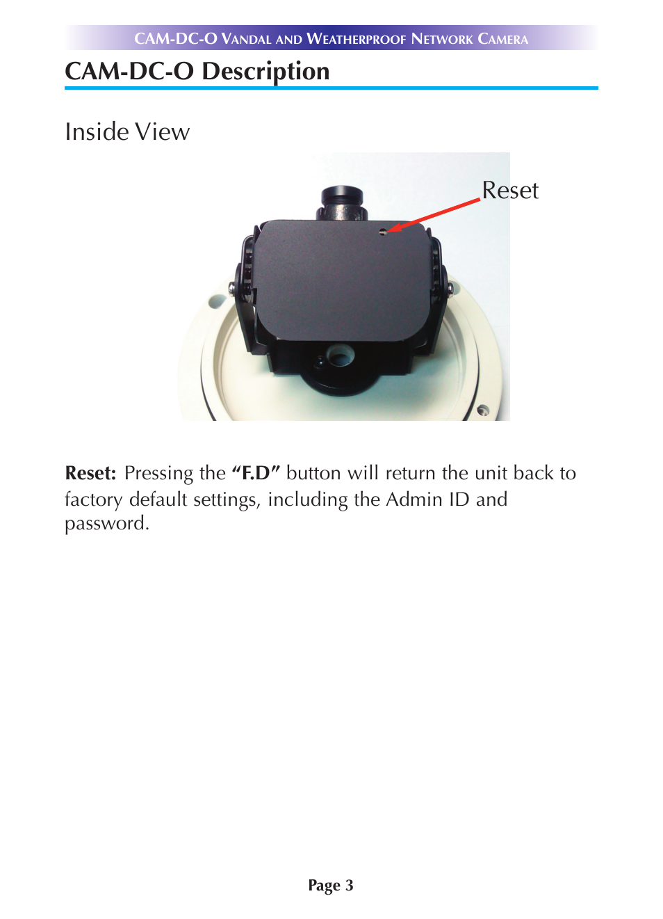 Cam-dc-o description inside view, Reset | Universal Remote Control (URS) CAM-DC-O User Manual | Page 6 / 20