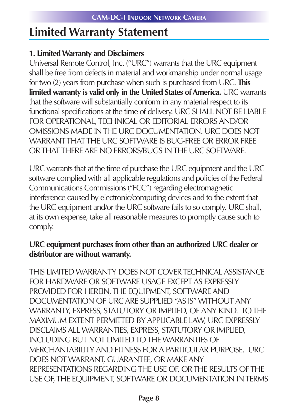 Limited warranty statement, Limited warranty statement 8 | Universal Remote Control (URS) CAM-DC-I User Manual | Page 11 / 19