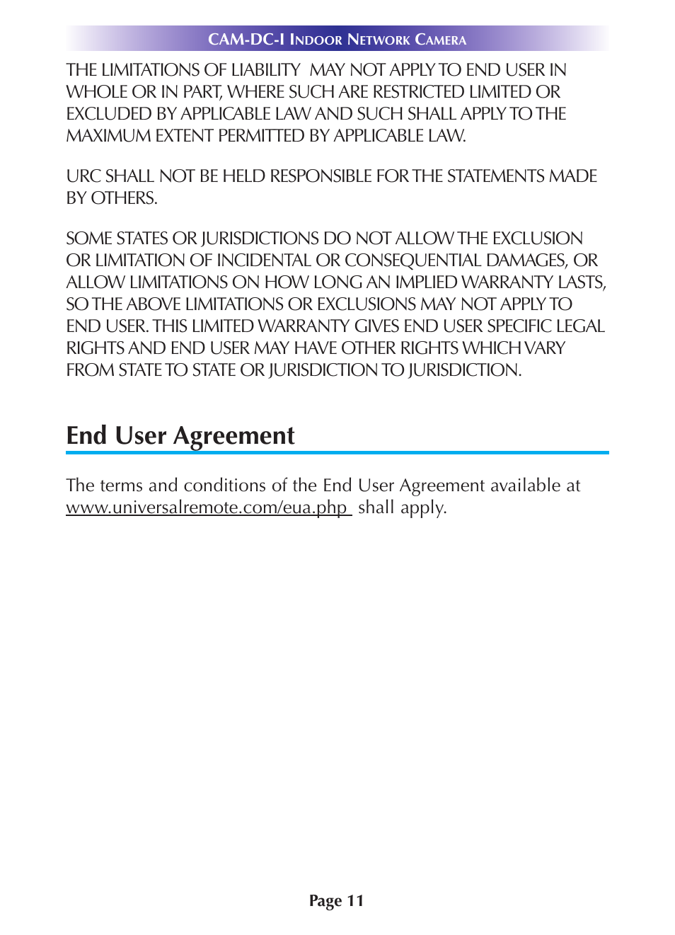 End user agreement, End user agreement 11 | Universal Remote Control (URS) CAM-DC-I User Manual | Page 14 / 19