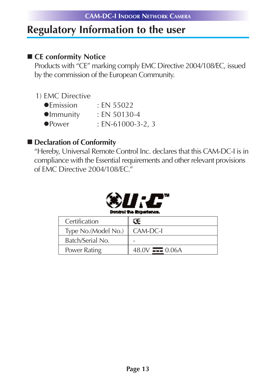 Regulatory information to the user | Universal Remote Control (URS) CAM-DC-I User Manual | Page 16 / 19