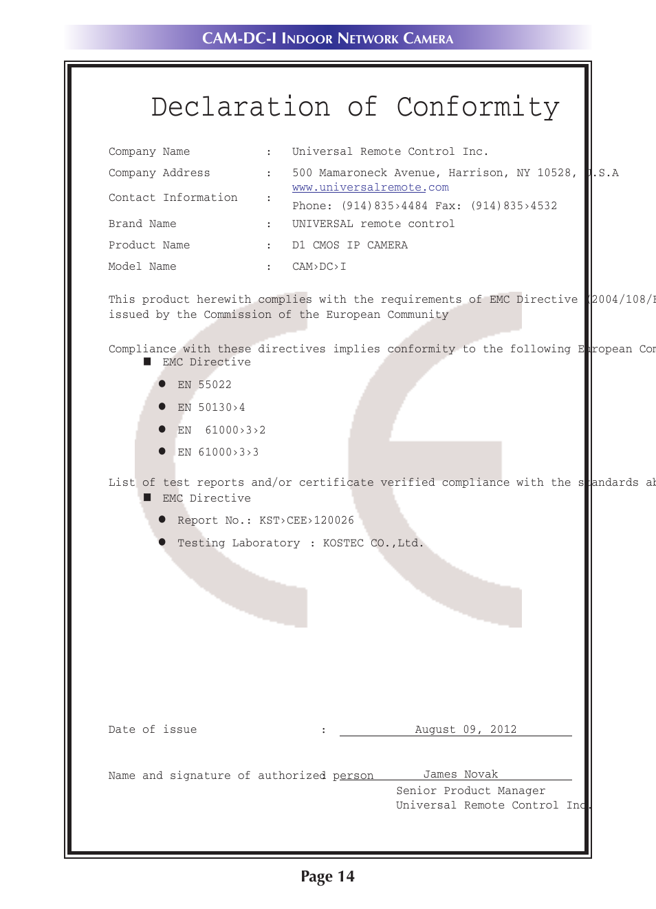 Declaration of conformity, Page 14 cam-dc-i i | Universal Remote Control (URS) CAM-DC-I User Manual | Page 17 / 19