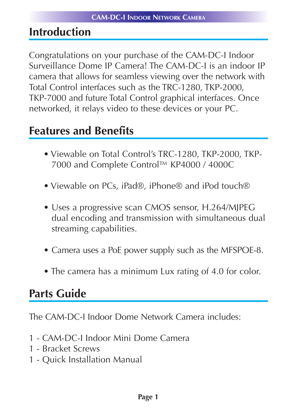 Introduction, Features and benefits, Parts guide | Universal Remote Control (URS) CAM-DC-I User Manual | Page 4 / 19