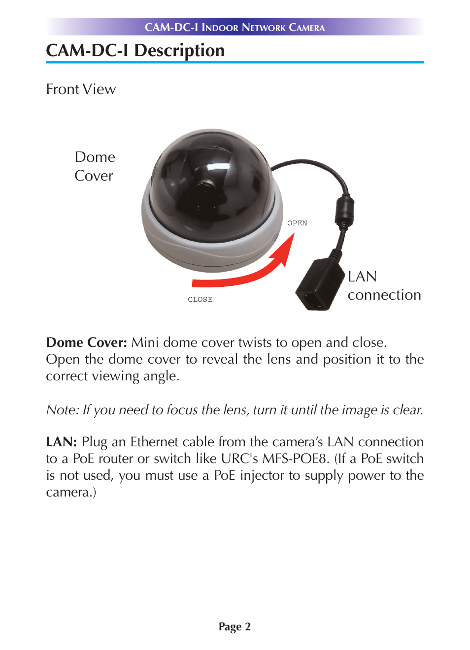 Cam-dc-i description, Front view, Dome cover lan connection | Universal Remote Control (URS) CAM-DC-I User Manual | Page 5 / 19