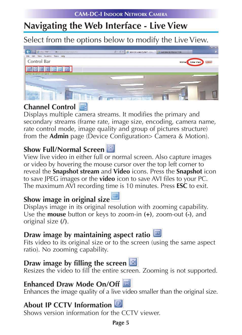 Navigating the web interface - live view, Navigating the web interface - live view 5 | Universal Remote Control (URS) CAM-DC-I User Manual | Page 8 / 19