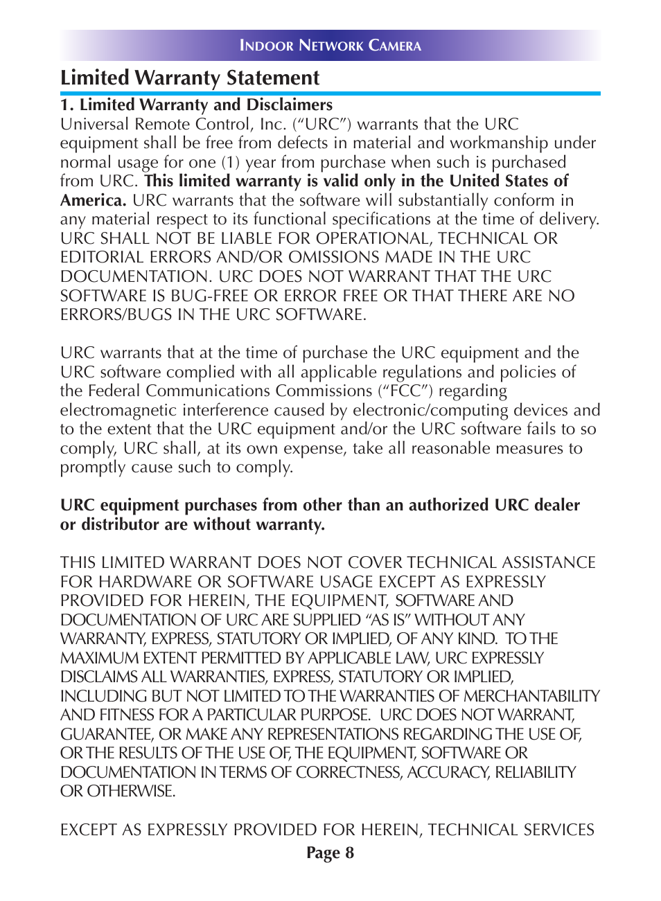 Limited warranty statement | Universal Remote Control (URS) CAM-MC User Manual | Page 11 / 20