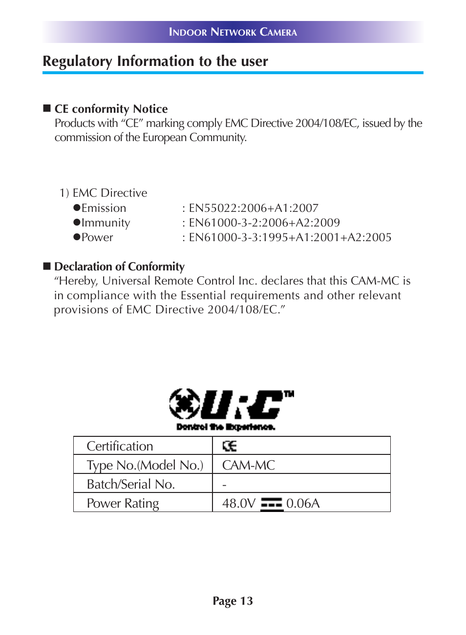 Regulatory information to the user | Universal Remote Control (URS) CAM-MC User Manual | Page 16 / 20