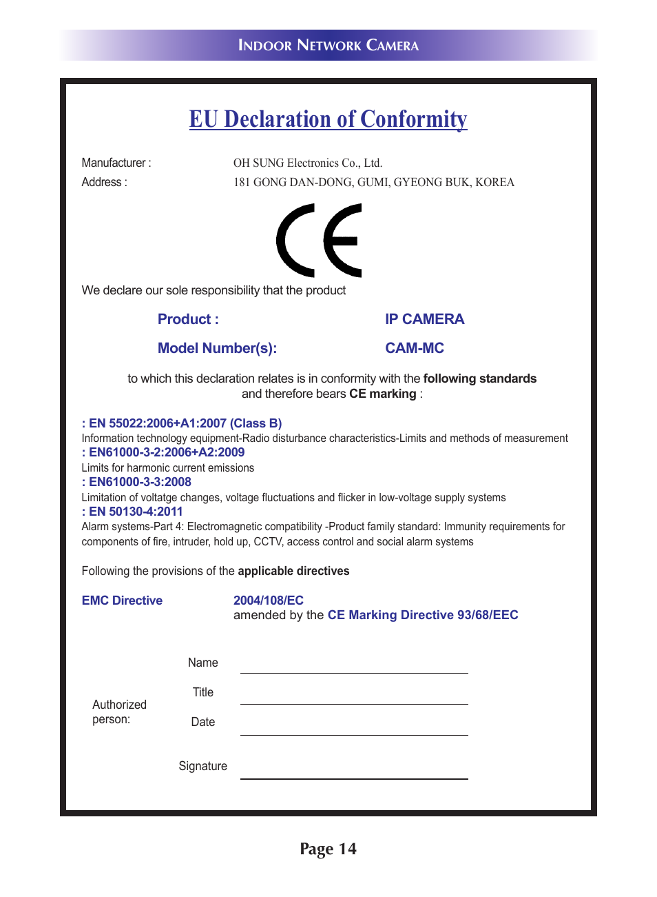 Eu declaration of conformity, Page 14 | Universal Remote Control (URS) CAM-MC User Manual | Page 17 / 20