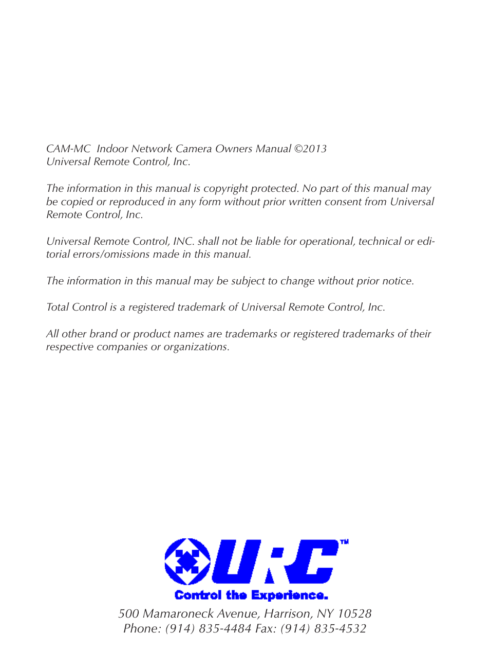 Universal Remote Control (URS) CAM-MC User Manual | Page 2 / 20