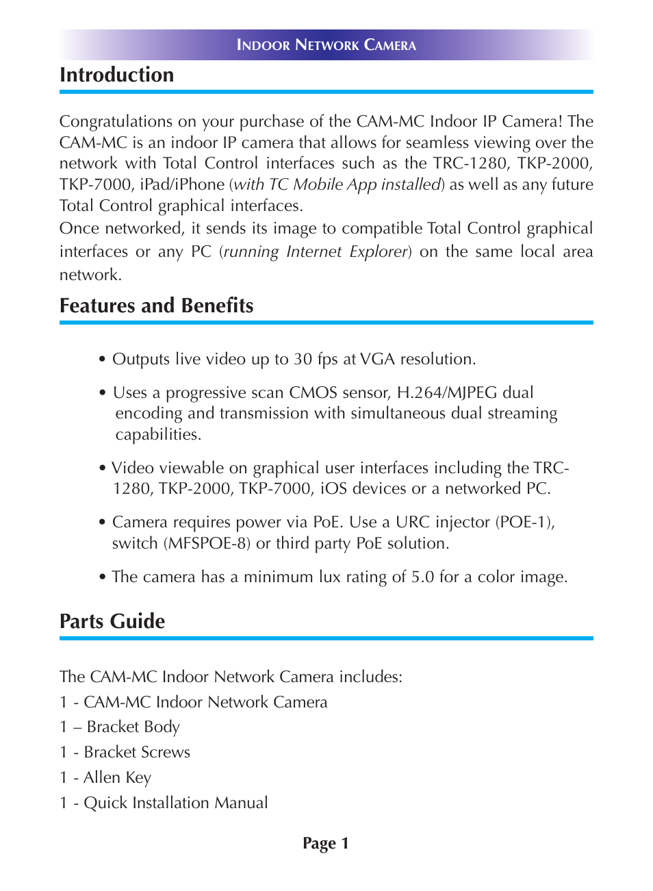 Introduction, Features and benefits, Parts guide | Universal Remote Control (URS) CAM-MC User Manual | Page 4 / 20