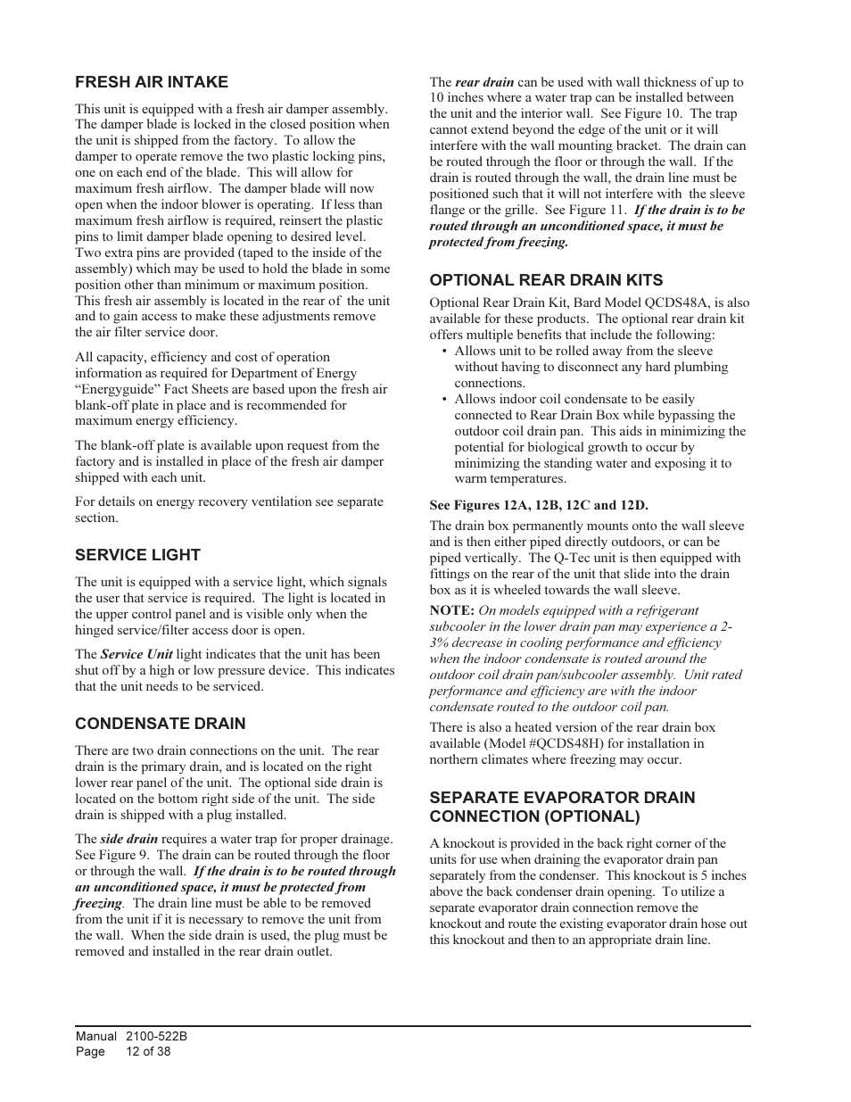 Bard Q-Tec Series Packaged Air Conditioner Q30A1 User Manual | Page 12 / 38