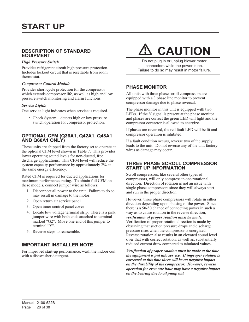 Caution, Start up | Bard Q-Tec Series Packaged Air Conditioner Q30A1 User Manual | Page 28 / 38