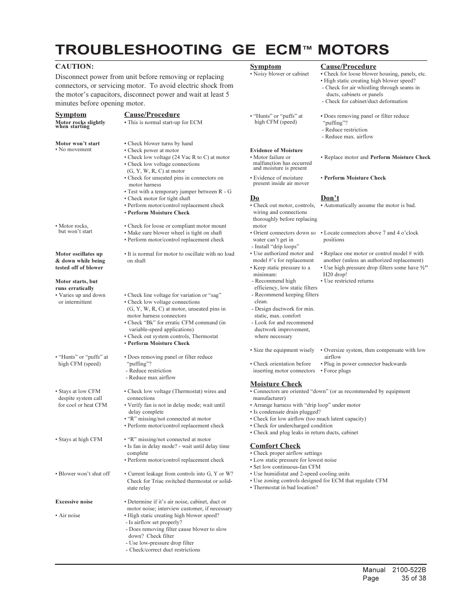 Troubleshooting ge ecm, Motors | Bard Q-Tec Series Packaged Air Conditioner Q30A1 User Manual | Page 35 / 38