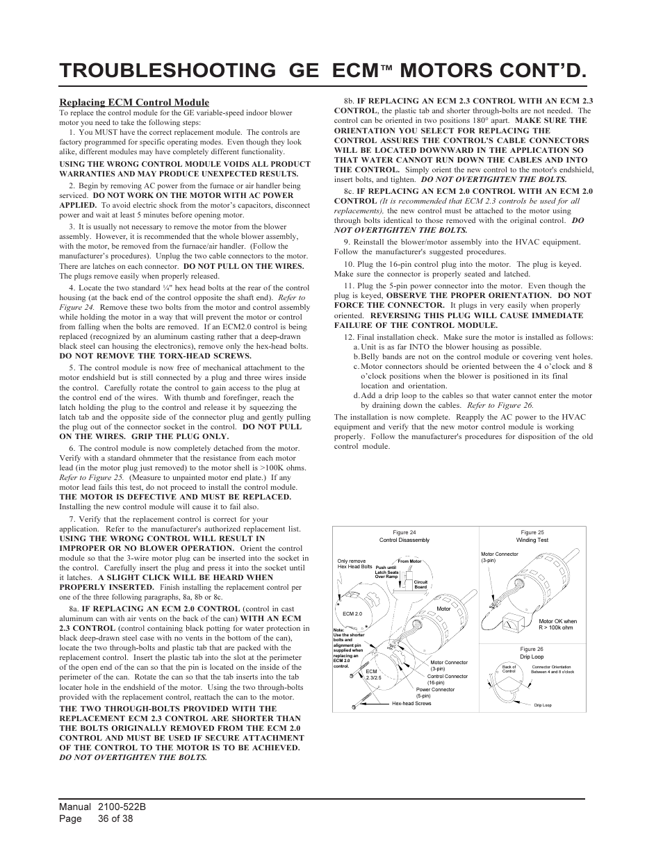 Troubleshooting ge ecm, Motors cont’d, Replacing ecm control module | Bard Q-Tec Series Packaged Air Conditioner Q30A1 User Manual | Page 36 / 38