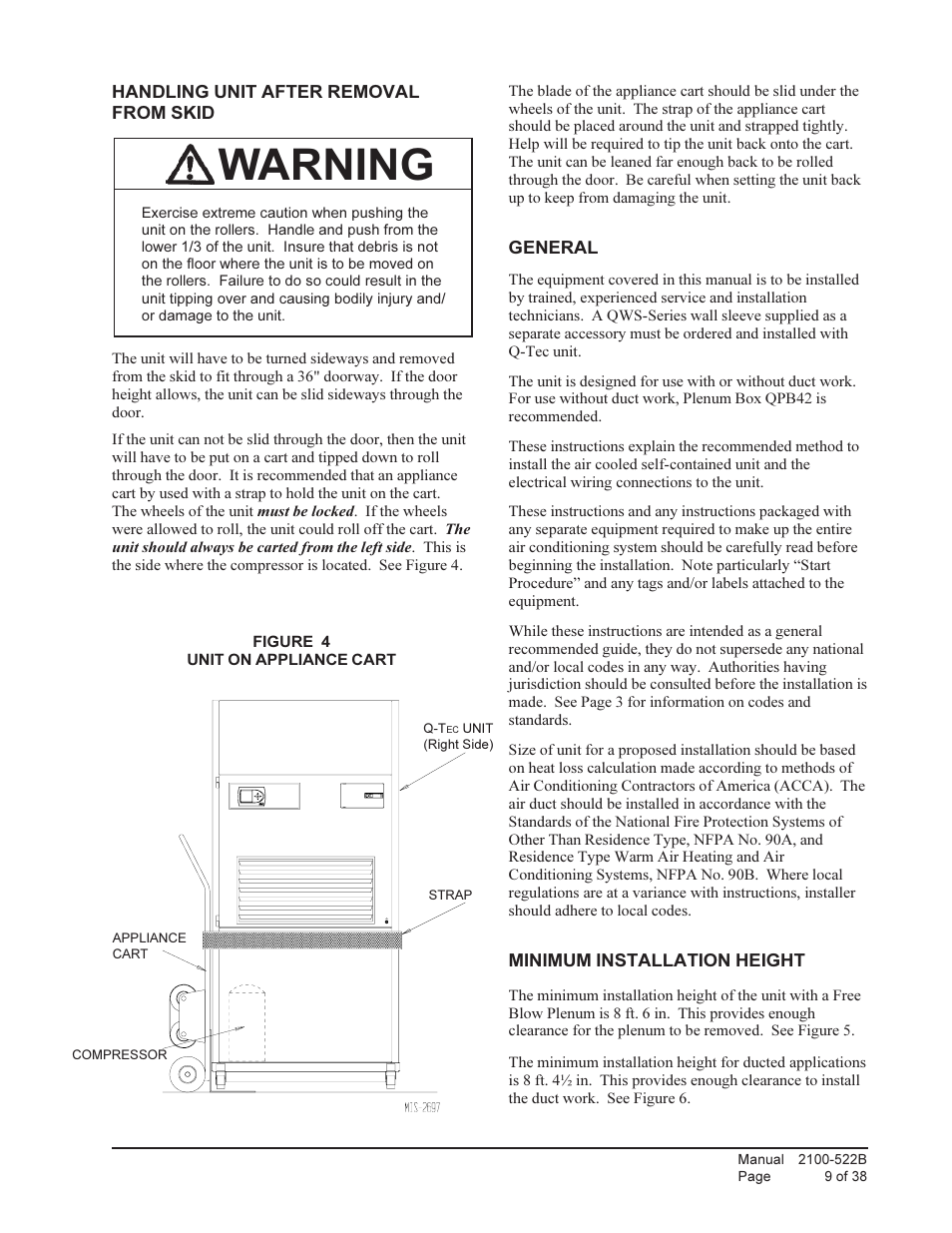 Warning | Bard Q-Tec Series Packaged Air Conditioner Q30A1 User Manual | Page 9 / 38