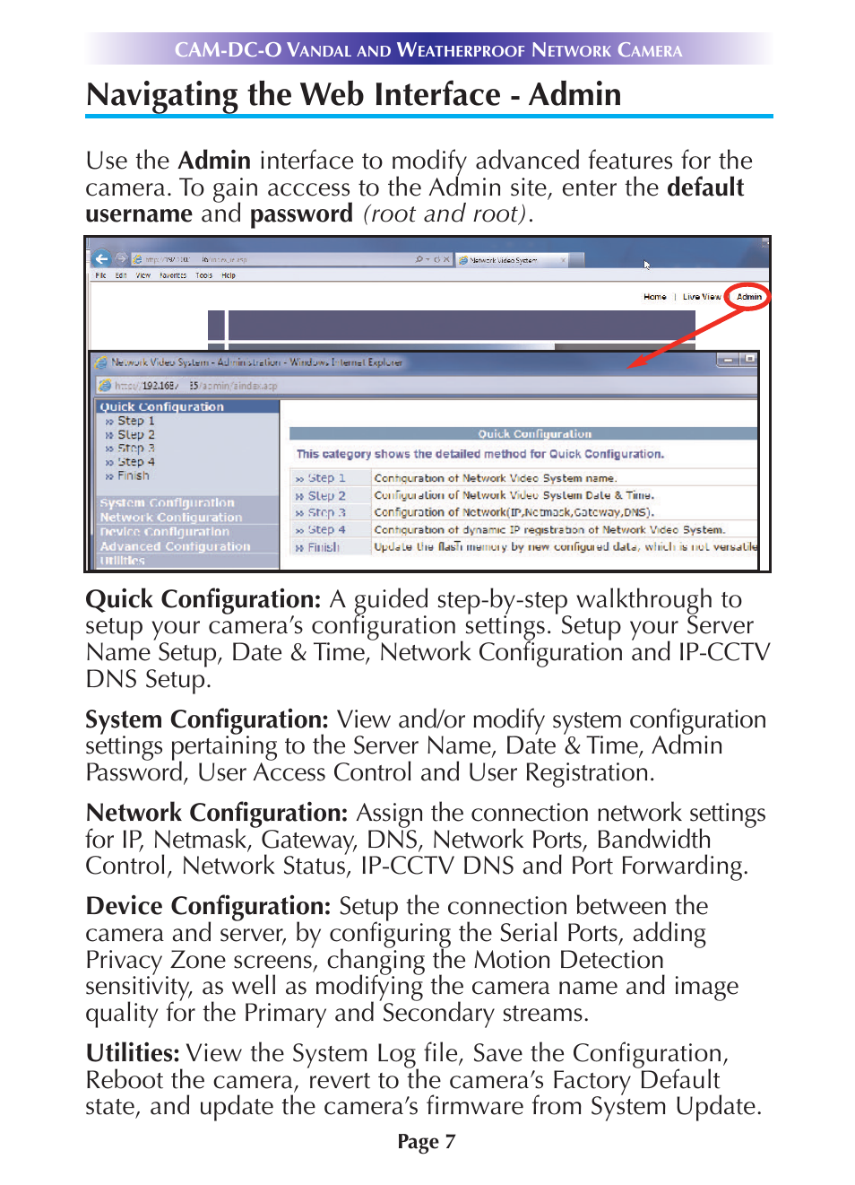 Navigating the web interface - admin, Navigating the web interface - admin 7 | Universal Remote Control (URS) CAM-DC-O-OM User Manual | Page 10 / 20