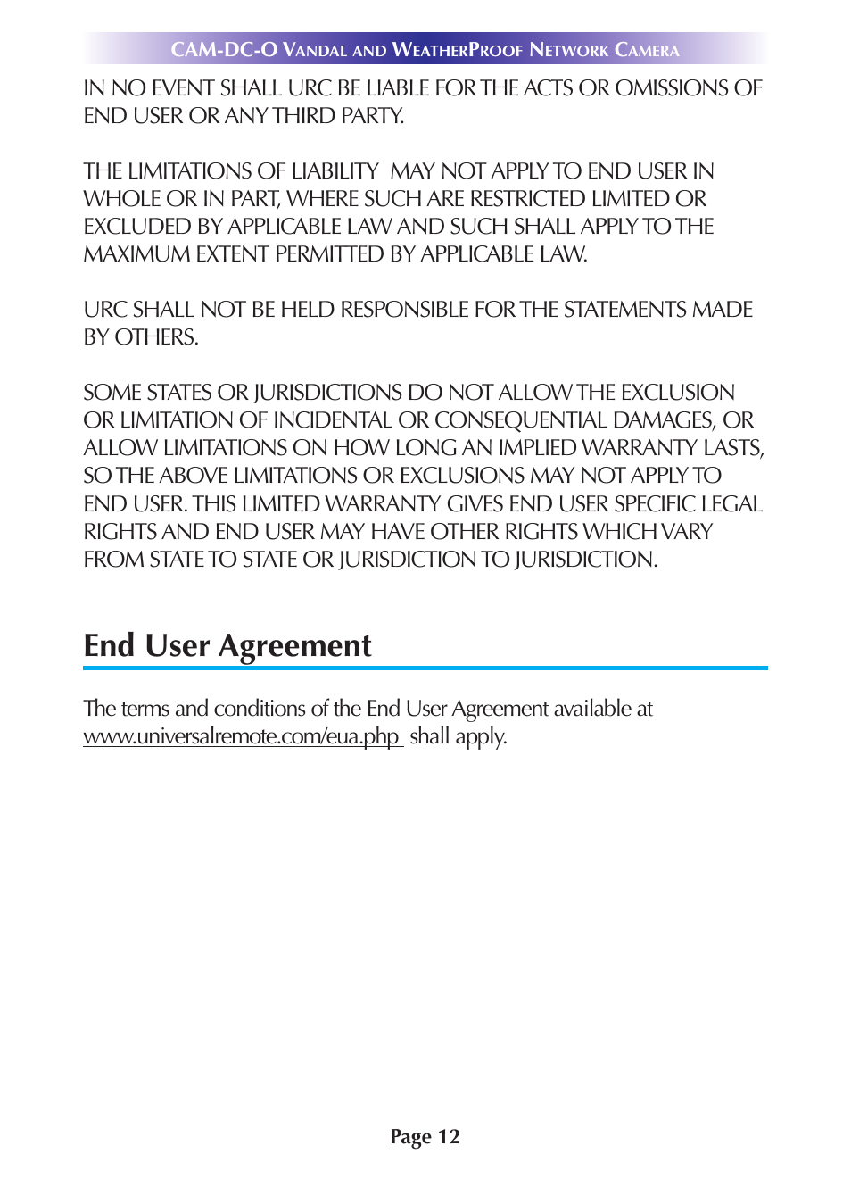 End user agreement, End user agreement 12 | Universal Remote Control (URS) CAM-DC-O-OM User Manual | Page 15 / 20
