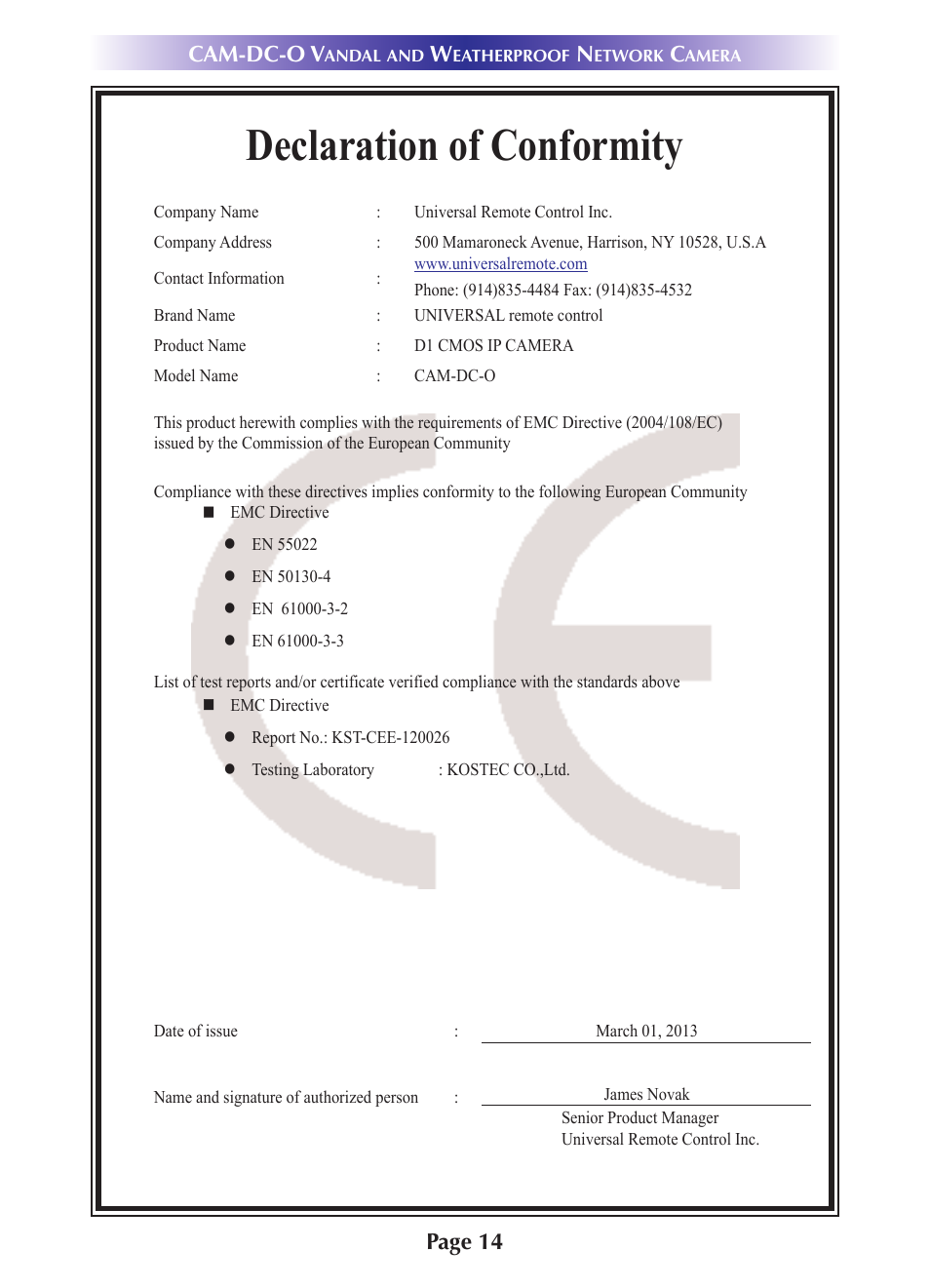 Declaration of conformity, Page 14 cam-dc-o v | Universal Remote Control (URS) CAM-DC-O-OM User Manual | Page 17 / 20