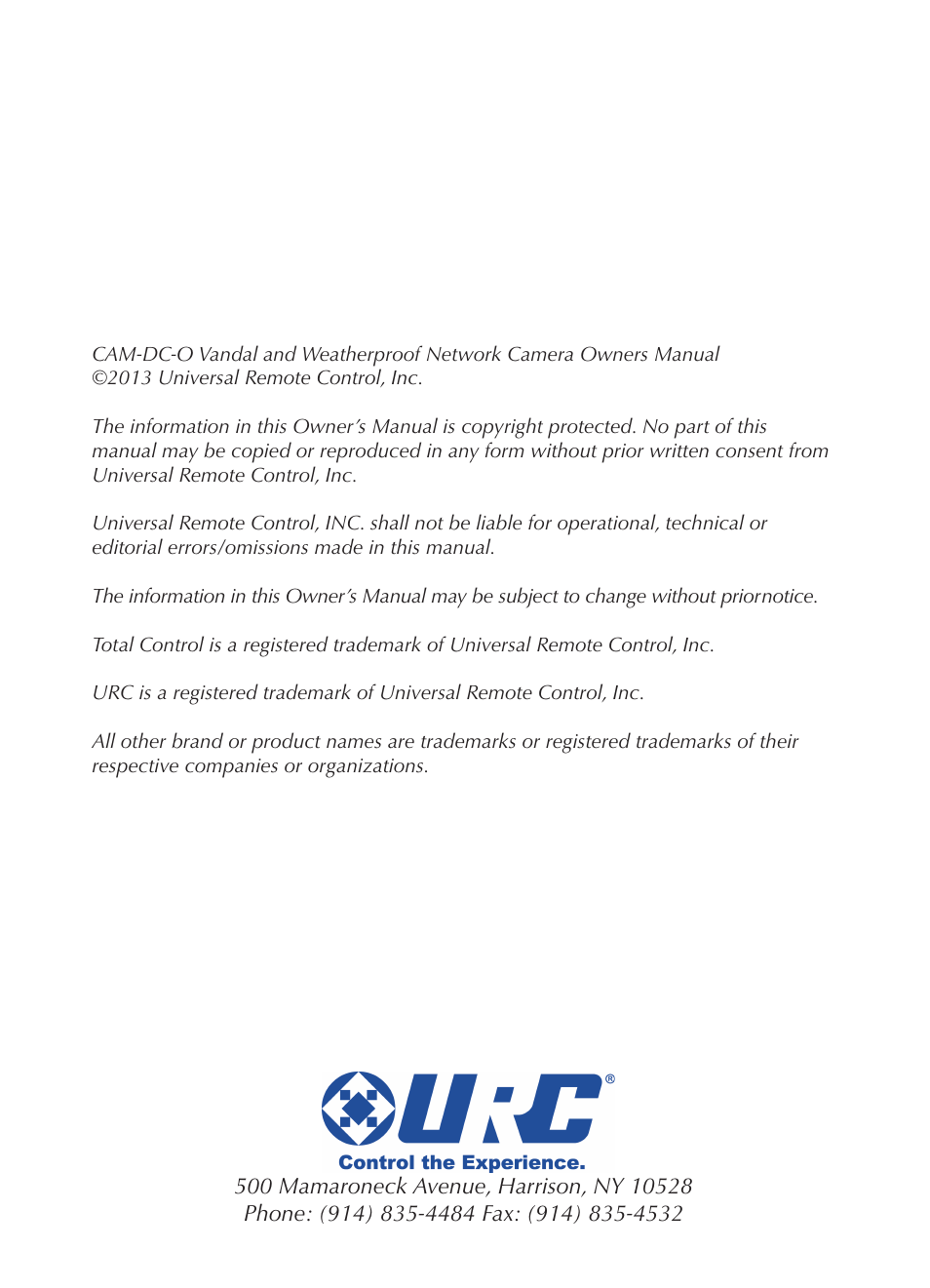 Universal Remote Control (URS) CAM-DC-O-OM User Manual | Page 2 / 20
