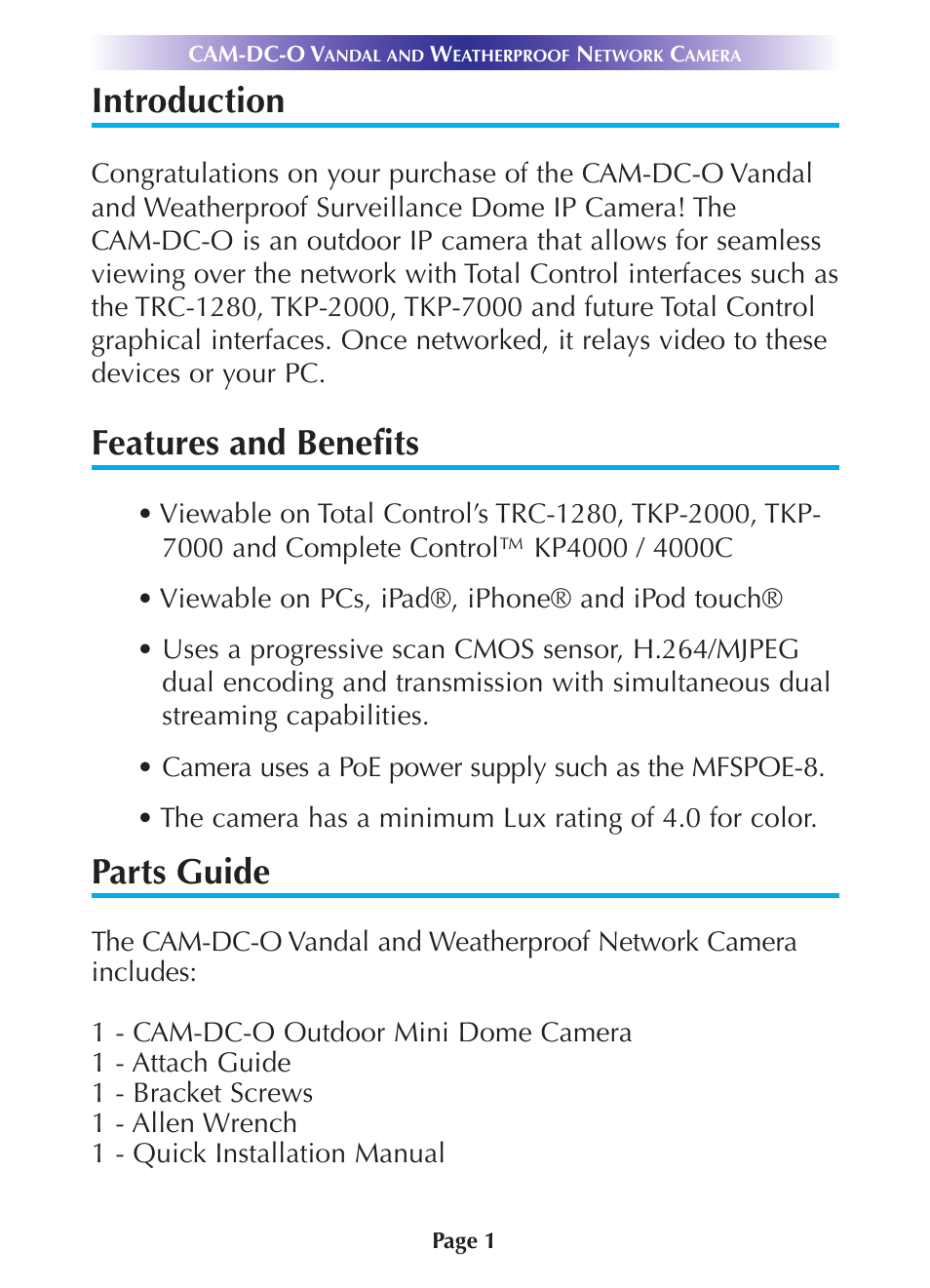 Introduction, Features and benefits, Parts guide | Introduction 1, Features and benefits 1, Parts guide 1 | Universal Remote Control (URS) CAM-DC-O-OM User Manual | Page 4 / 20