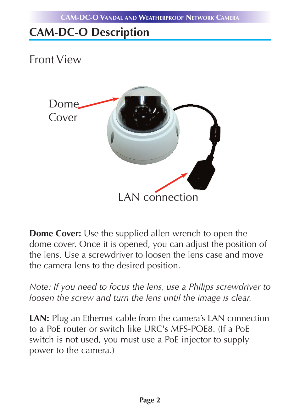 Cam-dc-o description, Cam-dc-o description 2, Cam-dc-o description front view | Dome cover lan connection | Universal Remote Control (URS) CAM-DC-O-OM User Manual | Page 5 / 20