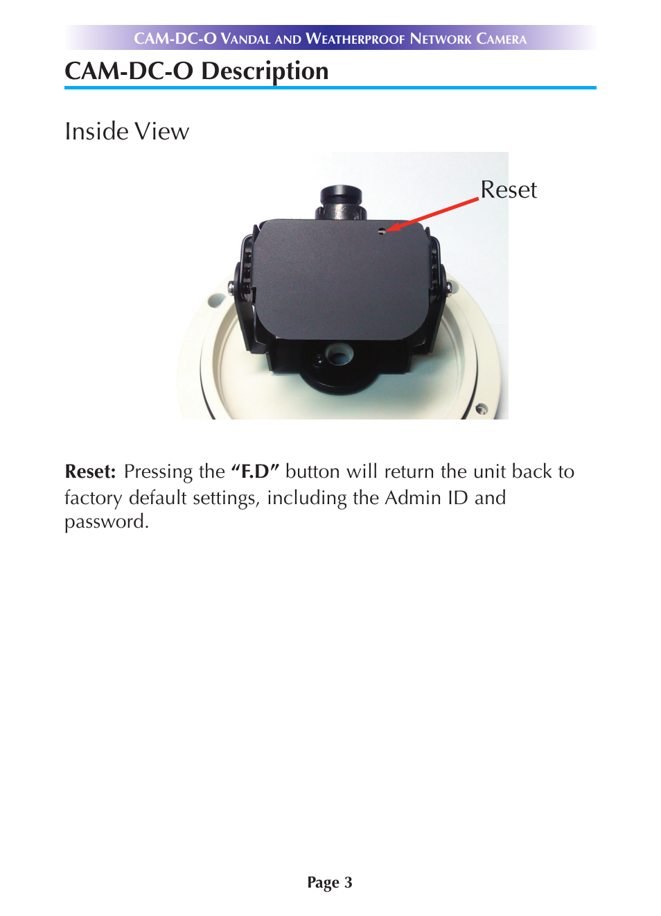 Cam-dc-o description, Cam-dc-o description 3, Cam-dc-o description inside view | Reset | Universal Remote Control (URS) CAM-DC-O-OM User Manual | Page 6 / 20