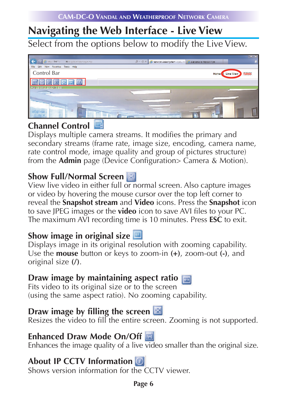 Navigating the web interface - live view, Navigating the web interface - live view 6 | Universal Remote Control (URS) CAM-DC-O-OM User Manual | Page 9 / 20