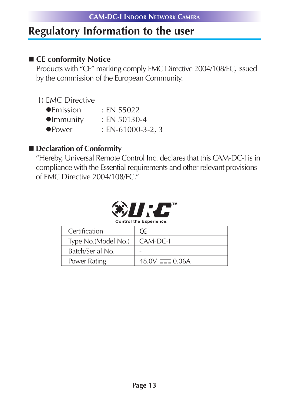 Regulatory information to the user | Universal Remote Control (URS) CAM-DC-I Rev 02 User Manual | Page 16 / 20