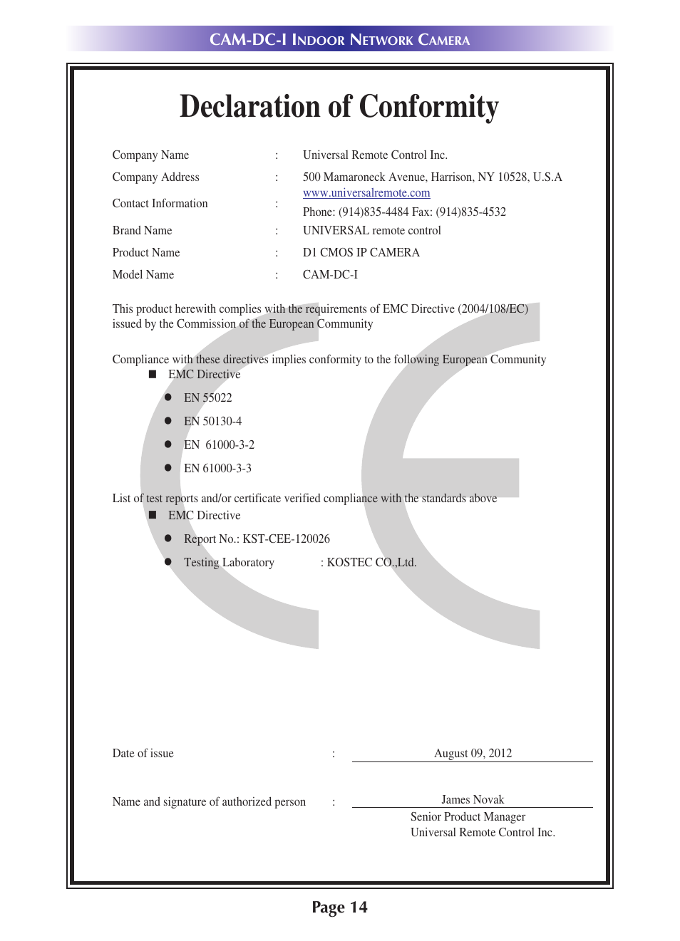 Declaration of conformity | Universal Remote Control (URS) CAM-DC-I Rev 02 User Manual | Page 17 / 20