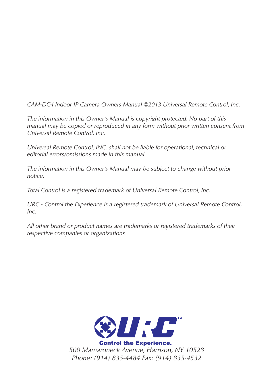 Universal Remote Control (URS) CAM-DC-I Rev 02 User Manual | Page 2 / 20