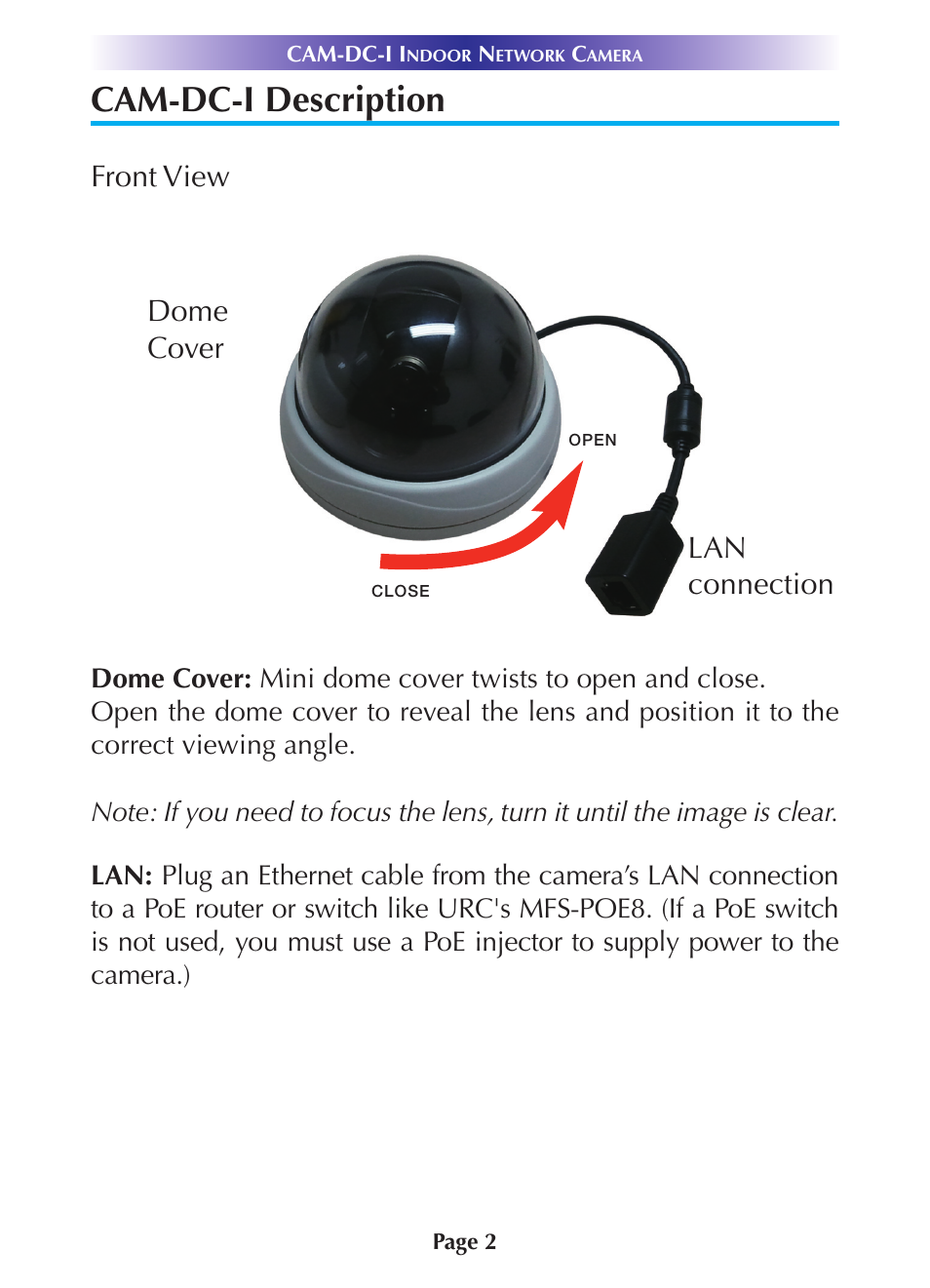 Cam-dc-i description, Front view, Dome cover lan connection | Universal Remote Control (URS) CAM-DC-I Rev 02 User Manual | Page 5 / 20