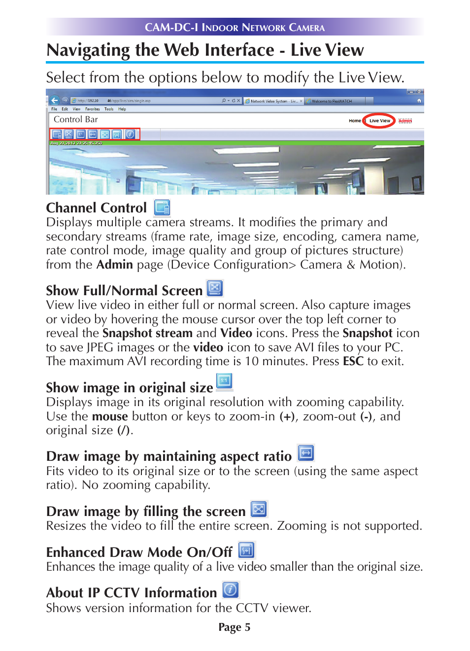 Navigating the web interface - live view | Universal Remote Control (URS) CAM-DC-I Rev 02 User Manual | Page 8 / 20