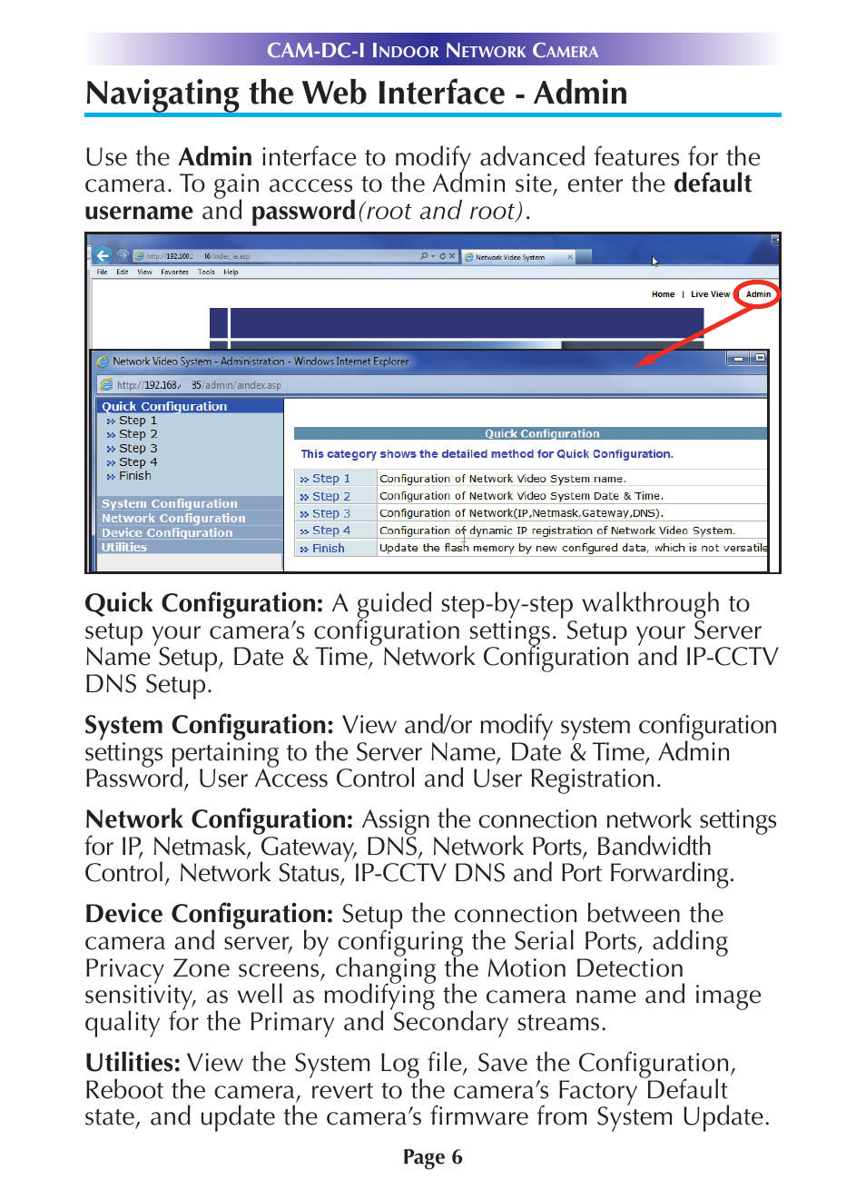 Navigating the web interface - admin | Universal Remote Control (URS) CAM-DC-I Rev 02 User Manual | Page 9 / 20