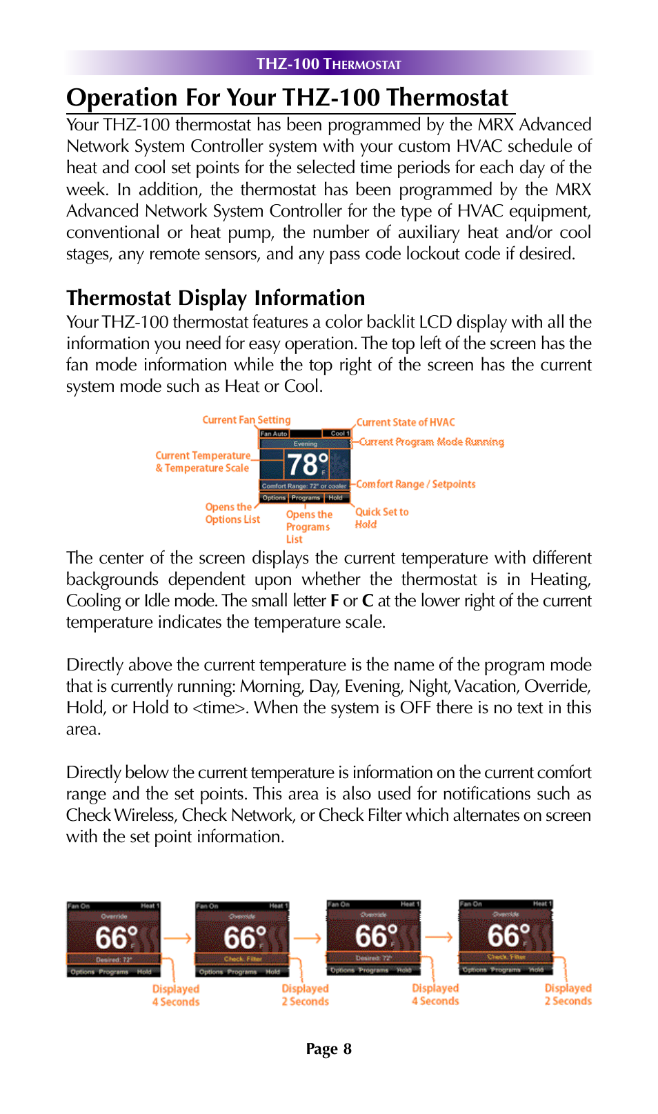 Operation for your thz-100 thermostat, Thermostat display information | Universal Remote Control (URS) THZ-100 User Manual | Page 12 / 52