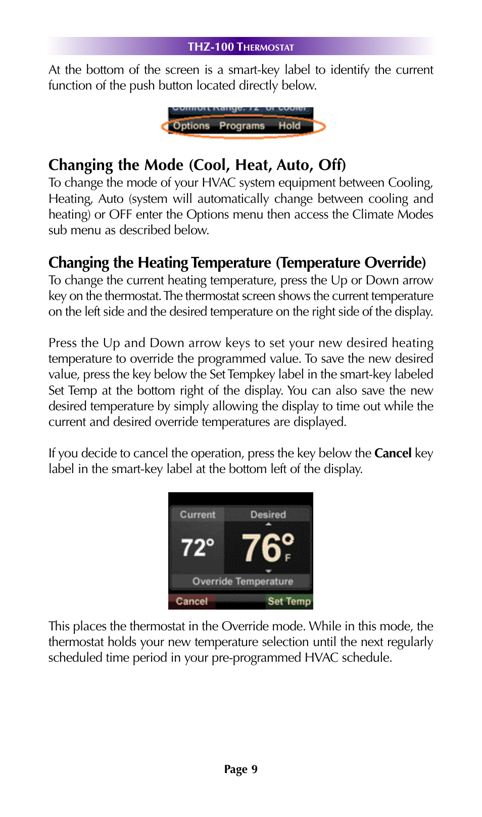 Changing the mode (cool, heat, auto, off) | Universal Remote Control (URS) THZ-100 User Manual | Page 13 / 52