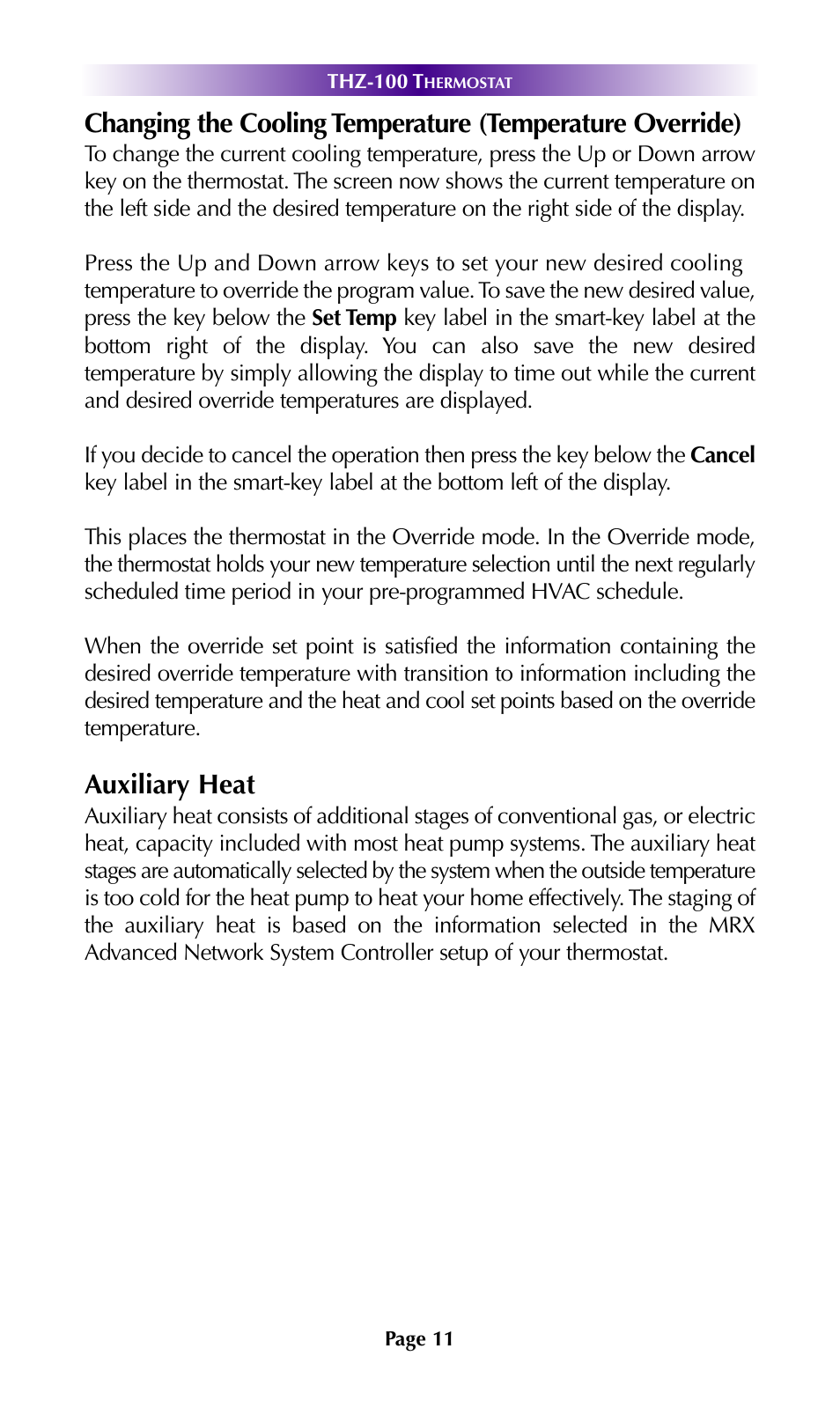 Auxiliary heat | Universal Remote Control (URS) THZ-100 User Manual | Page 15 / 52