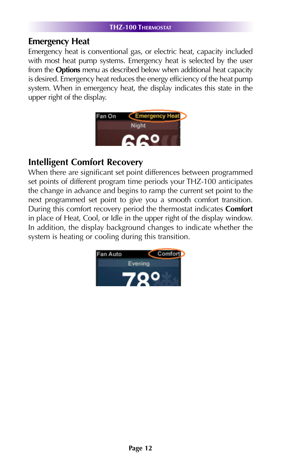 Emergency heat, Intelligent comfort recovery | Universal Remote Control (URS) THZ-100 User Manual | Page 16 / 52