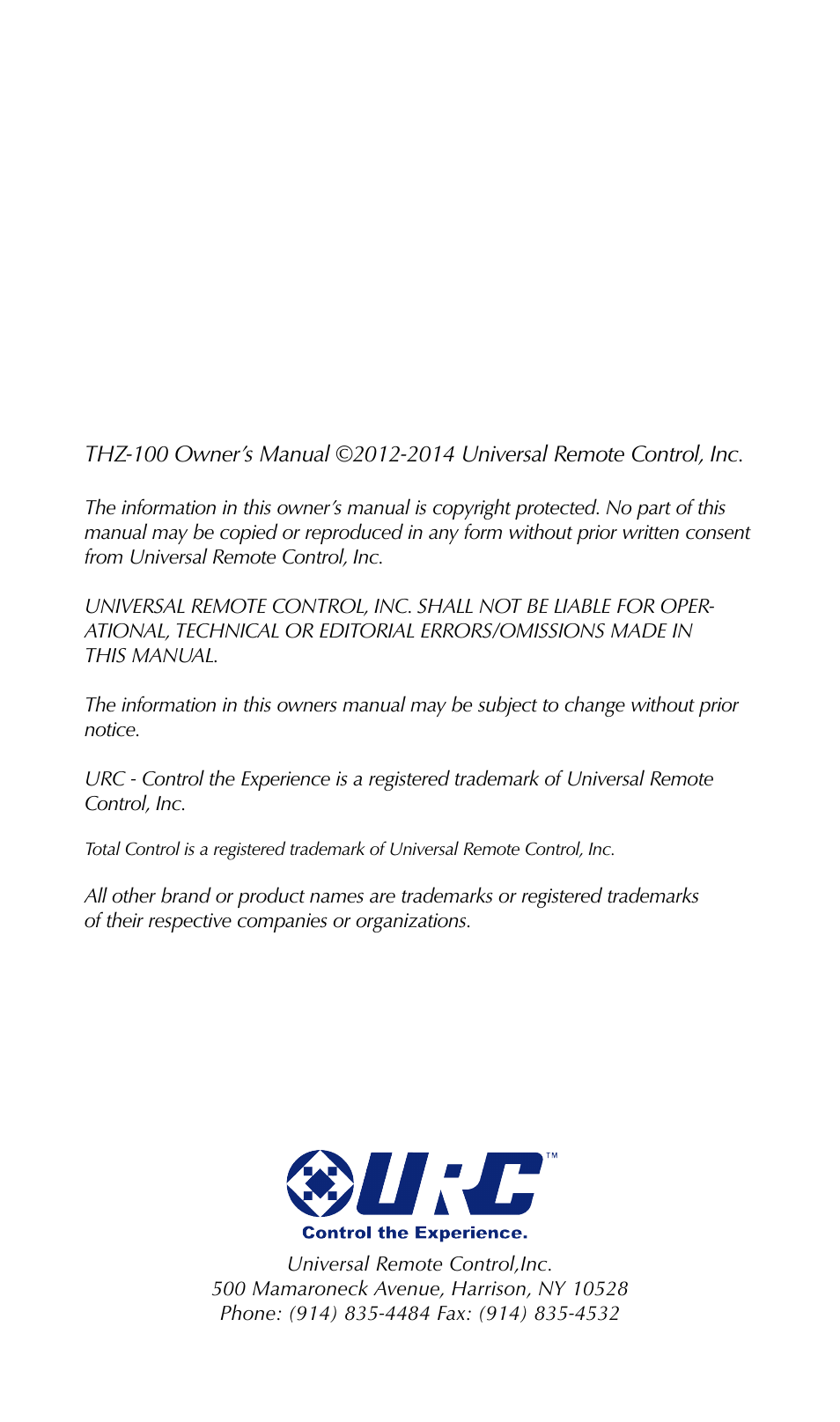 Universal Remote Control (URS) THZ-100 User Manual | Page 2 / 52