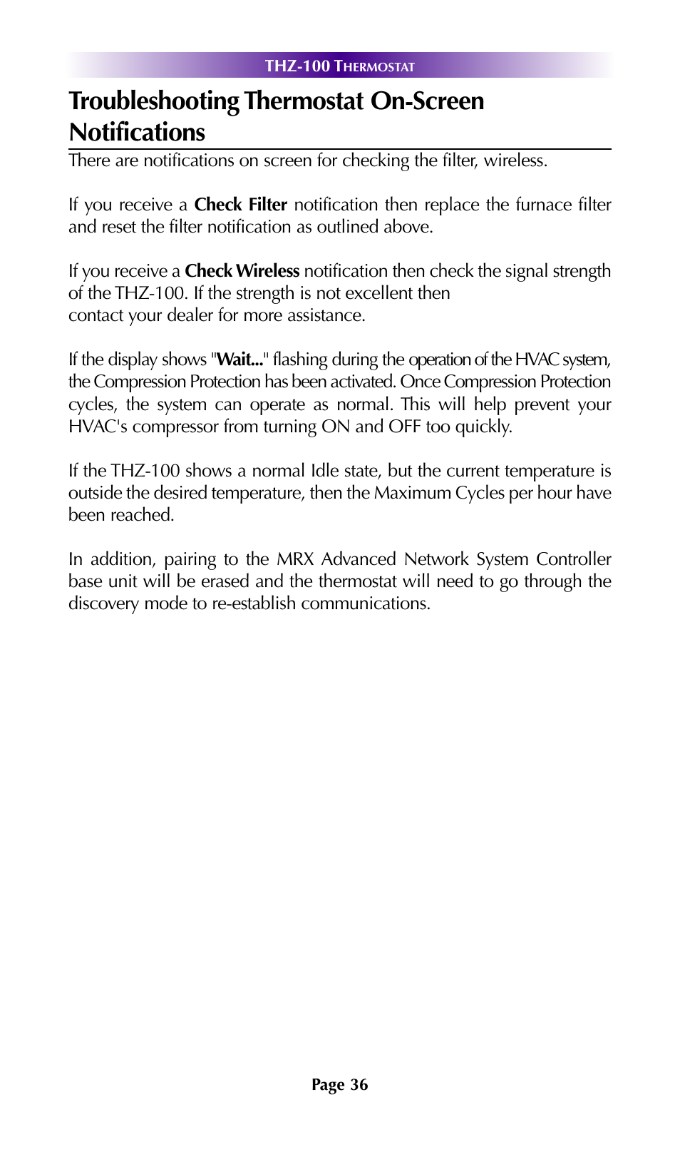 Troubleshooting thermostat on-screen notifications | Universal Remote Control (URS) THZ-100 User Manual | Page 40 / 52