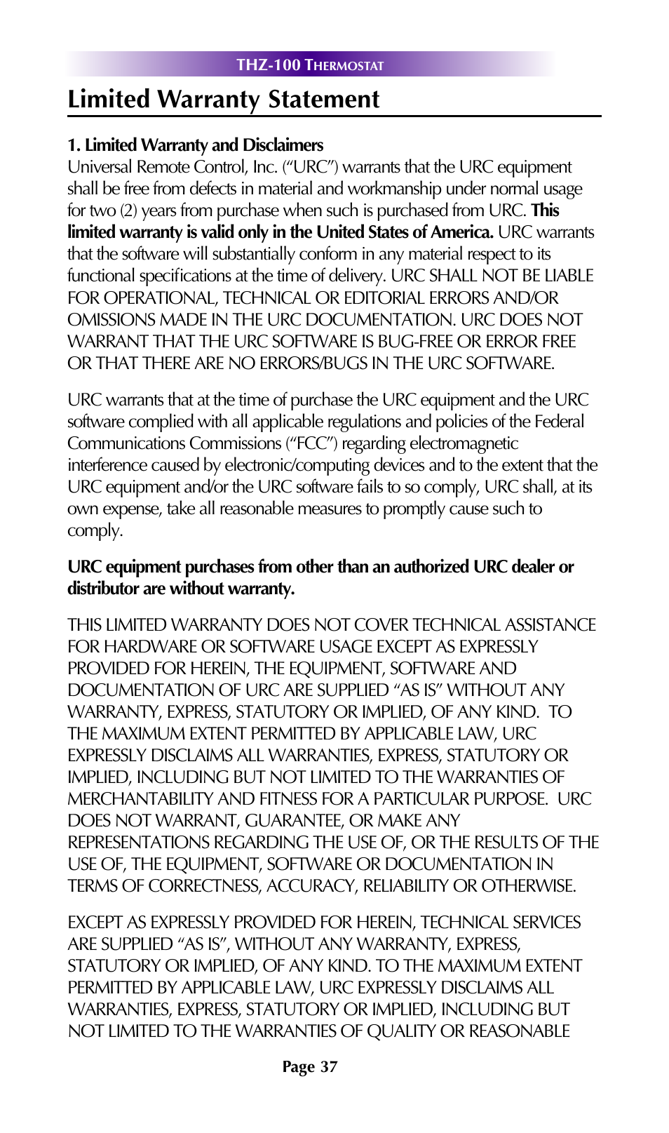 Limited warranty statement | Universal Remote Control (URS) THZ-100 User Manual | Page 41 / 52