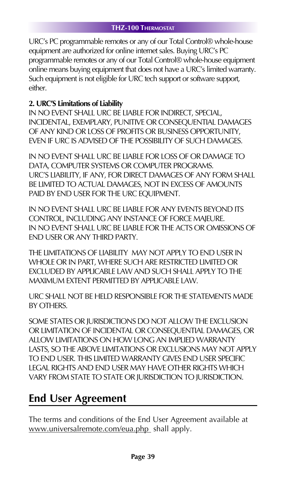 End user agreement | Universal Remote Control (URS) THZ-100 User Manual | Page 43 / 52