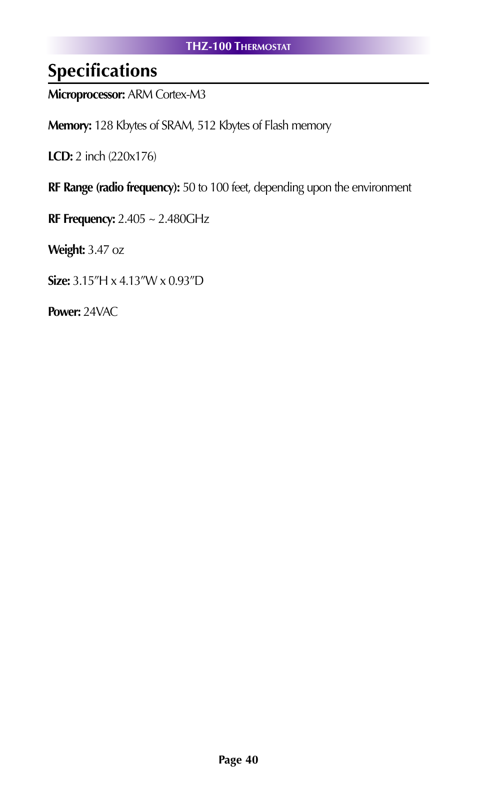 Specifications | Universal Remote Control (URS) THZ-100 User Manual | Page 44 / 52