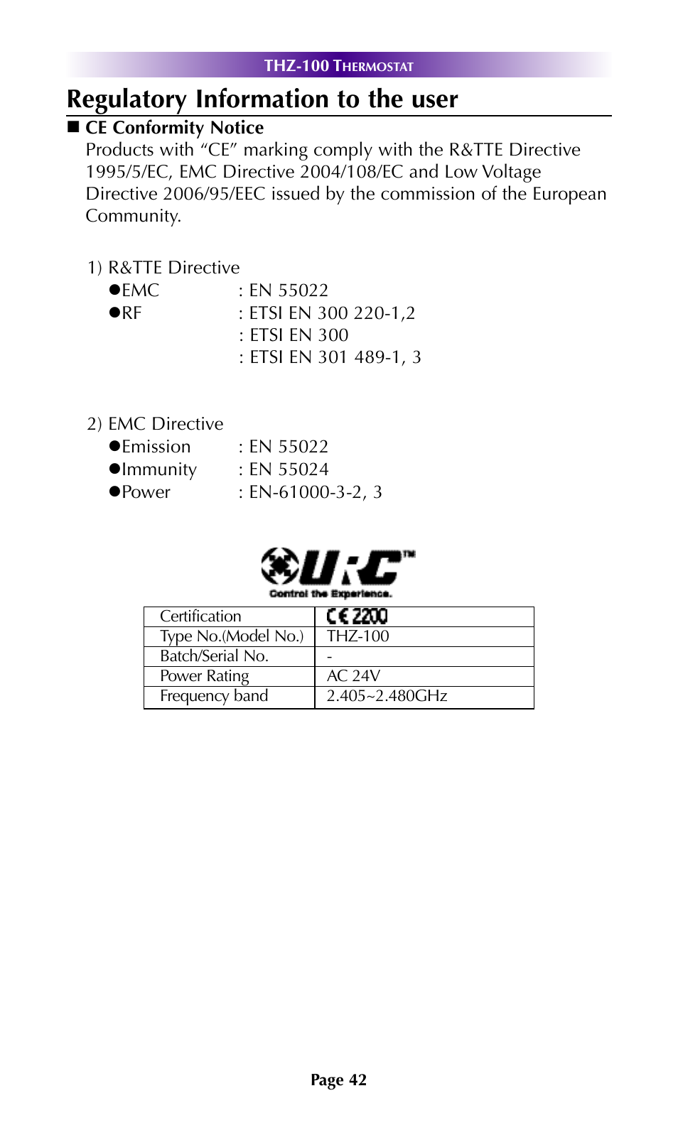 Regulatory information to the user | Universal Remote Control (URS) THZ-100 User Manual | Page 46 / 52
