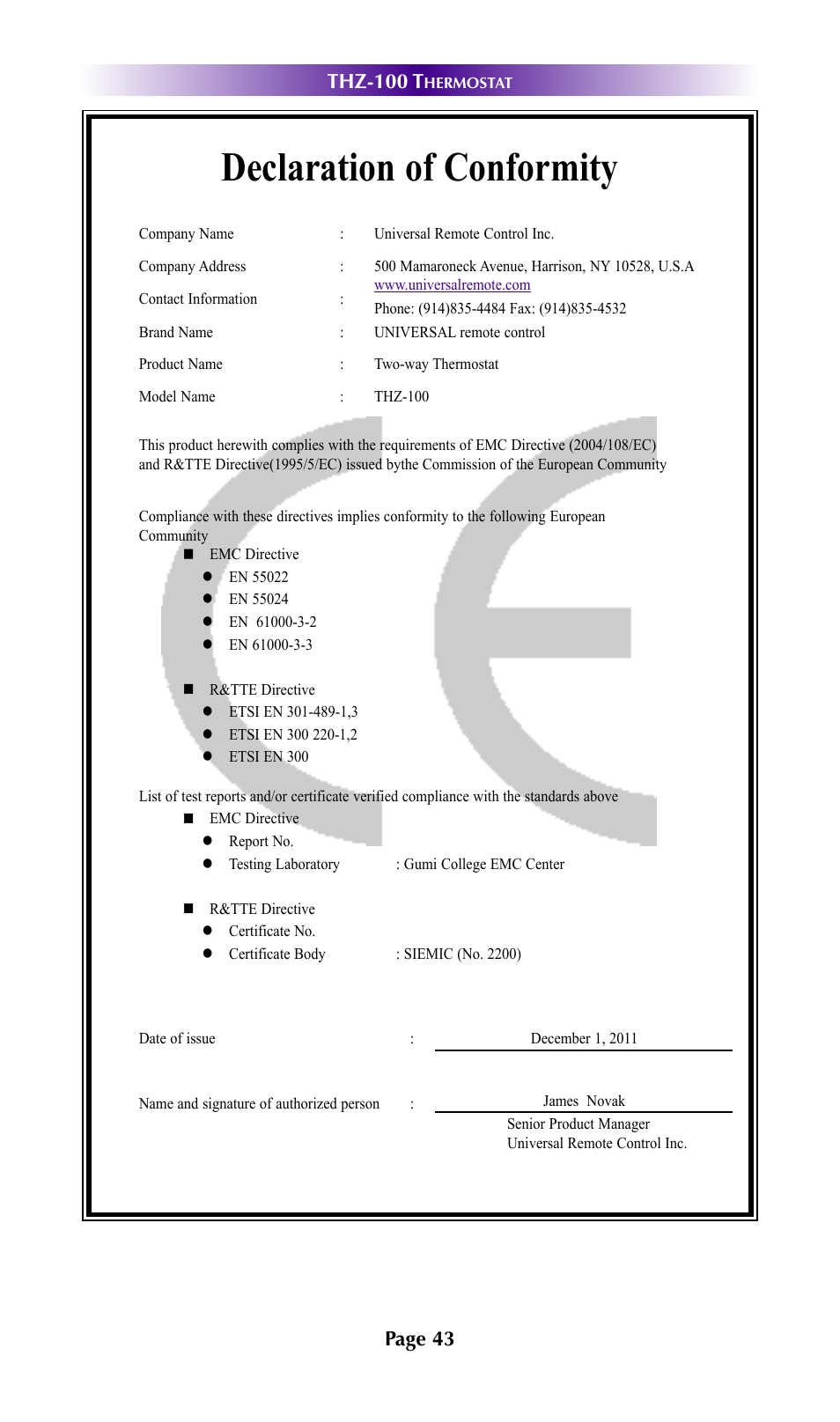 Declaration of conformity | Universal Remote Control (URS) THZ-100 User Manual | Page 47 / 52