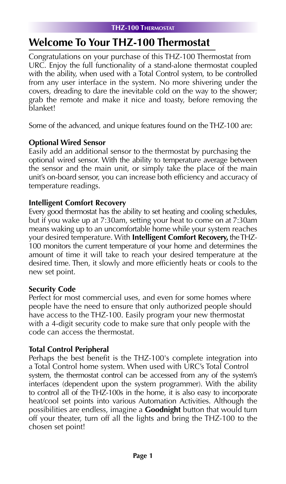 Welcome to your thz-100 thermostat | Universal Remote Control (URS) THZ-100 User Manual | Page 5 / 52