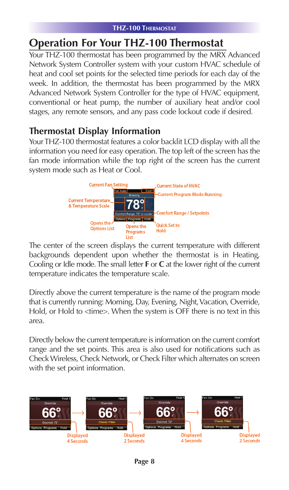 Operation for your thz-100 thermostat, Thermostat display information | Universal Remote Control (URS) THZ-100 Rev 03 User Manual | Page 12 / 52