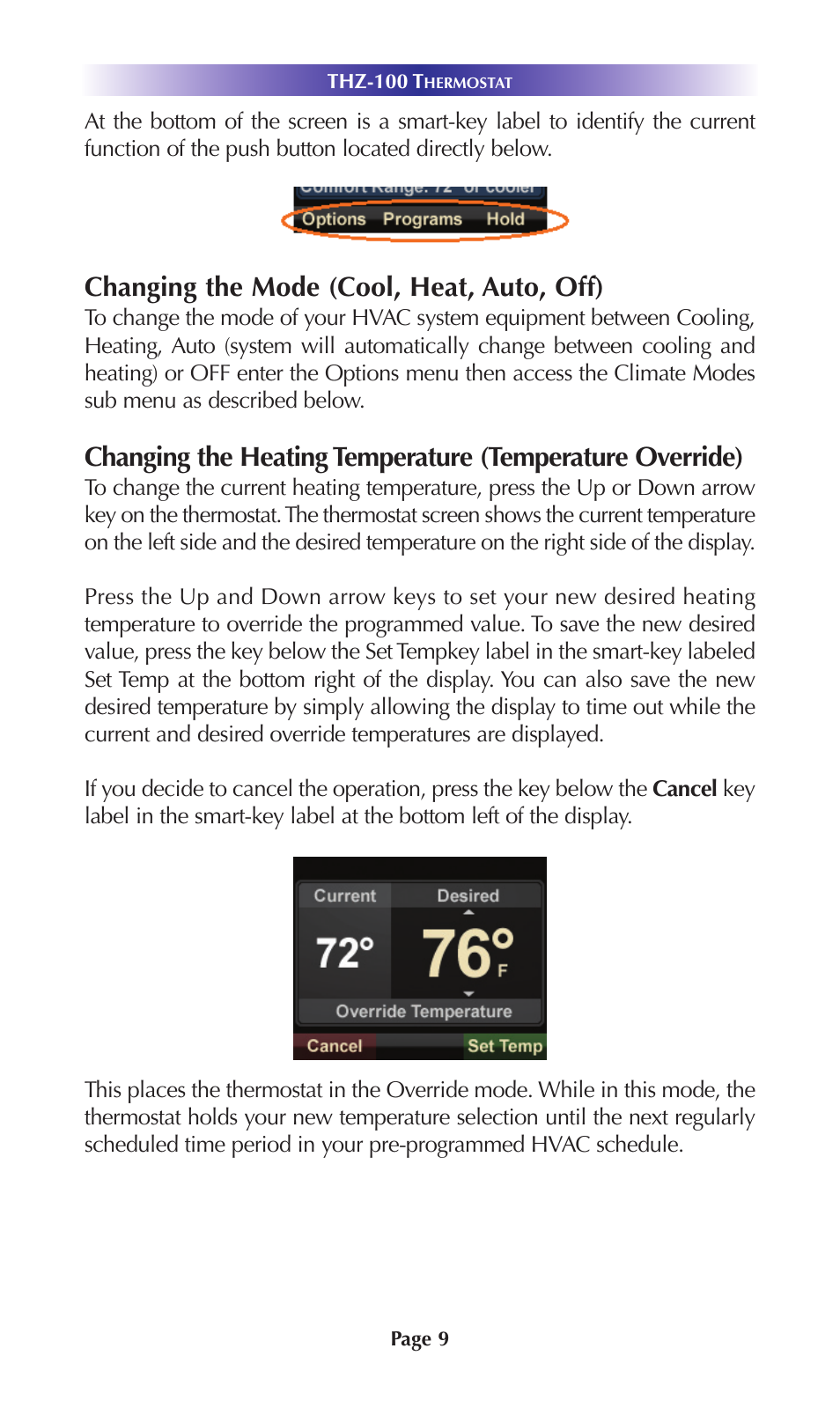 Changing the mode (cool, heat, auto, off) | Universal Remote Control (URS) THZ-100 Rev 03 User Manual | Page 13 / 52