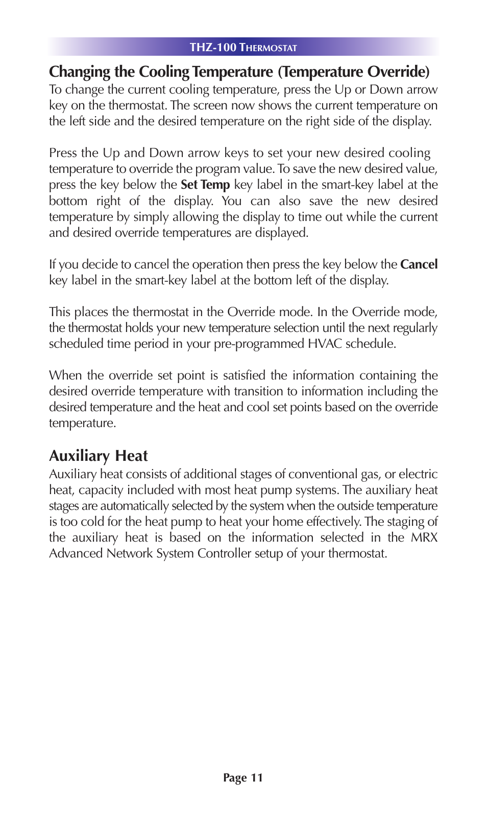 Auxiliary heat | Universal Remote Control (URS) THZ-100 Rev 03 User Manual | Page 15 / 52