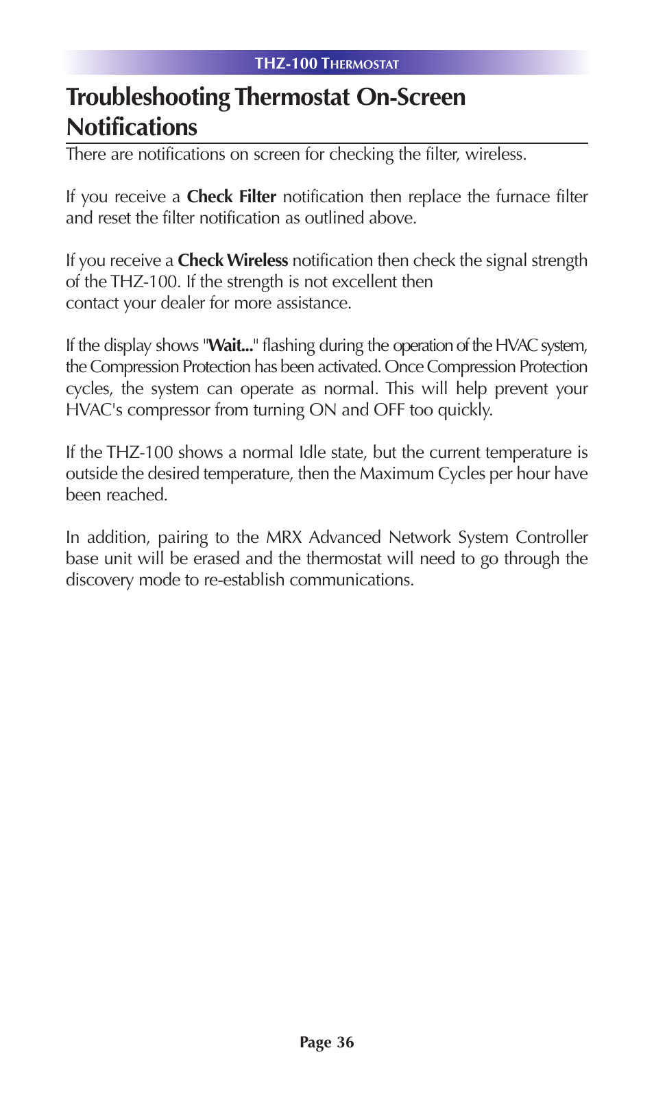 Troubleshooting thermostat on-screen notifications | Universal Remote Control (URS) THZ-100 Rev 03 User Manual | Page 40 / 52